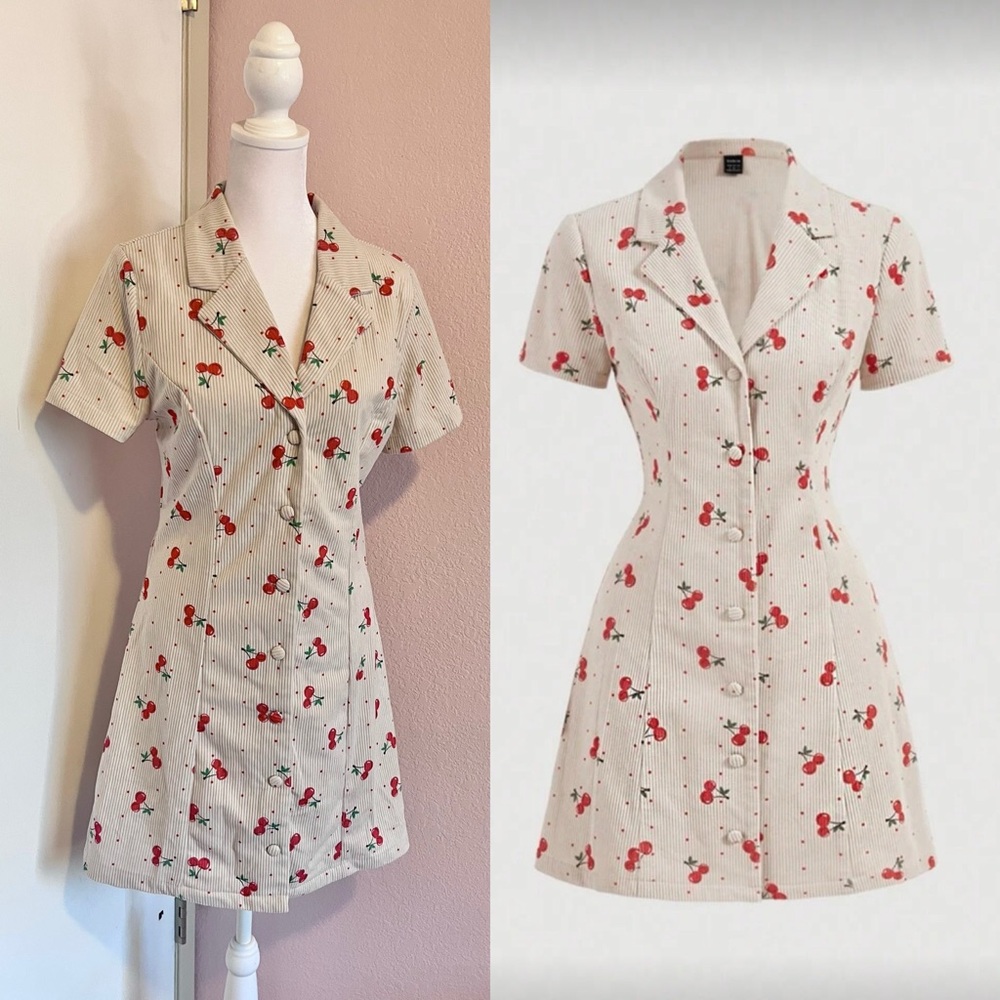 Cherry Print Corduroy Collared Short Sleeve Retro Vintage Style Dress